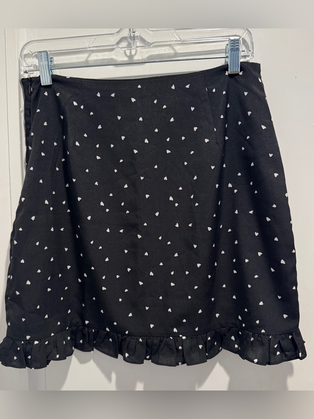 Aqua Black Skirt w/ White Hearts Ruffle Hem A-Line Mini Skirt. Sz. M. Like New.